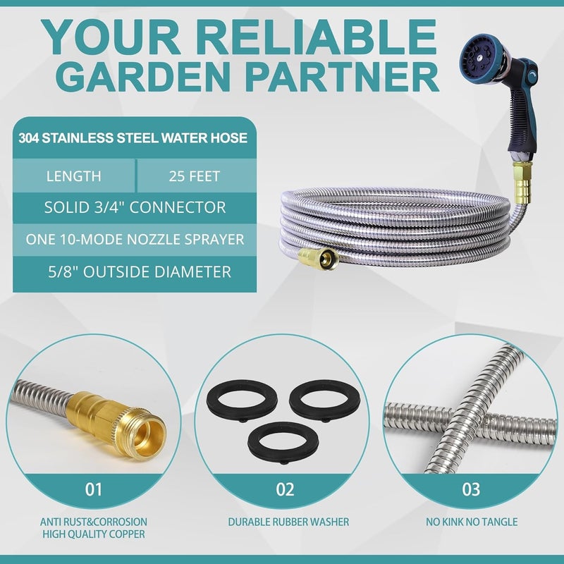 Numwot 25FT Garden Hose, 304 Stainless Steel Water Hose, Flexible with a 10-Mode Nozzle Sprayer, No Kink, Lightweight, Puncture Proof, Ideal for Yard, Lawn, Outdoor, 5/8'' Outside Diameter - Image 2
